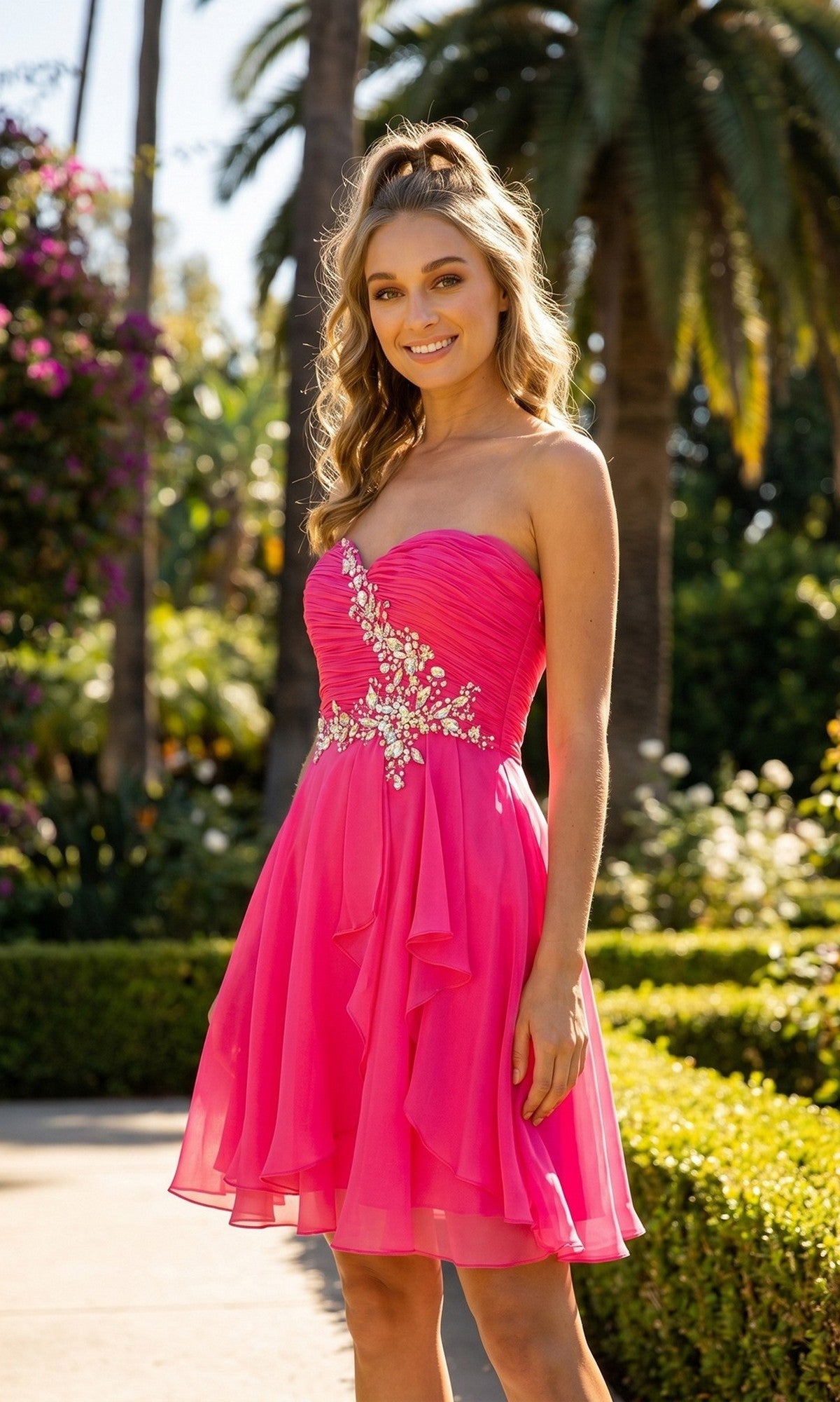 A woman wearing the Juliet JT741 short homecoming dress in fuchsia, featuring a strapless design with a pleated bodice and floral embellishments, stands outdoors surrounded by greenery and palm trees.
